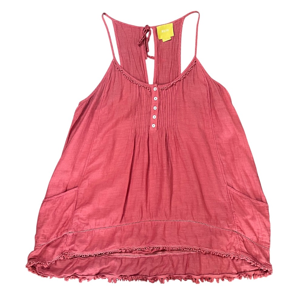 Maeve Anthropologie Rose Pink Racerback Tank Top Pom Pom Trim Pockets Size 6